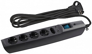 Сетевой фильтр 2 метра 5 гнезд/розеток 2xUSB с заземлением 3x0,75мм2, со шторками с выключателем чер