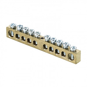 Шина "PEN" (земля-ноль) 10 отверстий 6х9 мм без изолятора, крепеж по центру латунь PROxima sn0-63-10