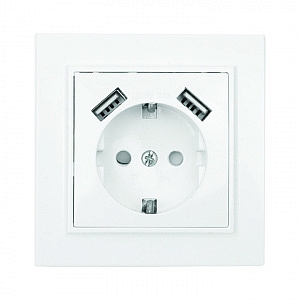 Розетка одинарная с 2 USB Минск скрытой установки с заземлением 16А+2,1А+2,1А со шторками в сборе бе