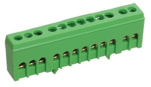 Шина "PE" (земля) 12 отверстий 6х9 мм на DIN-рейку в корпусном изоляторе (зеленый) YNN10-69-12KD-K06