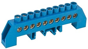 Шина "N" (ноль) 10 отверстий 8х12 мм DIN-изолятор комбинированный (синий) ШНИ-8х12-10-КС-С YNN10-812