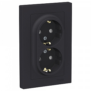 Розетка двойная Atlasdesign скрытой установки с заземлением со шторками 16А в сборе карбон ATN001026