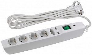 Сетевой фильтр 2 метра 5 гнезд/розеток 2xUSB, с заземлением 3x0,75мм2 со шторками с выключателем бел
